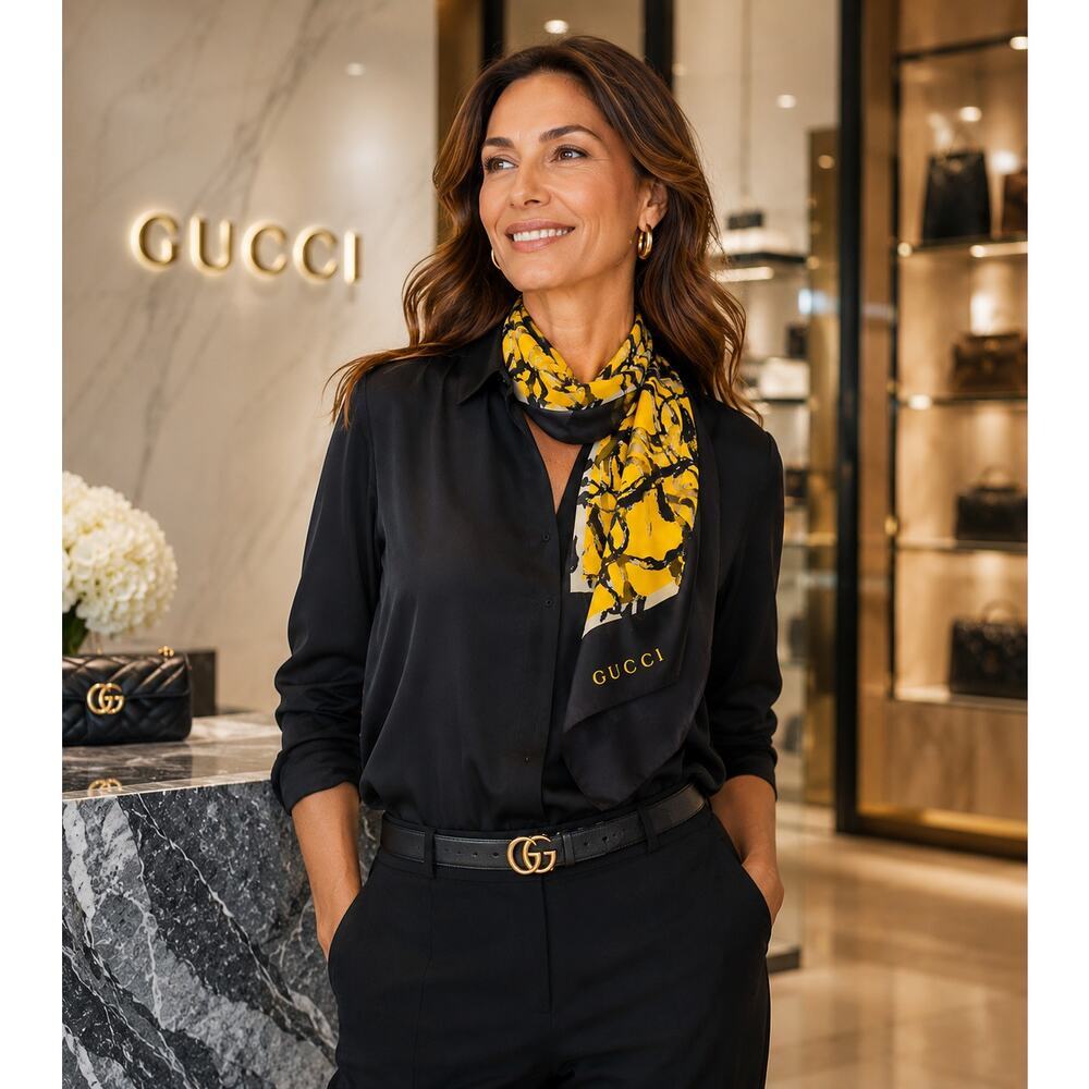 Gucci silk chiffon scarf in yellow and black with a geometric print 25"x70"
